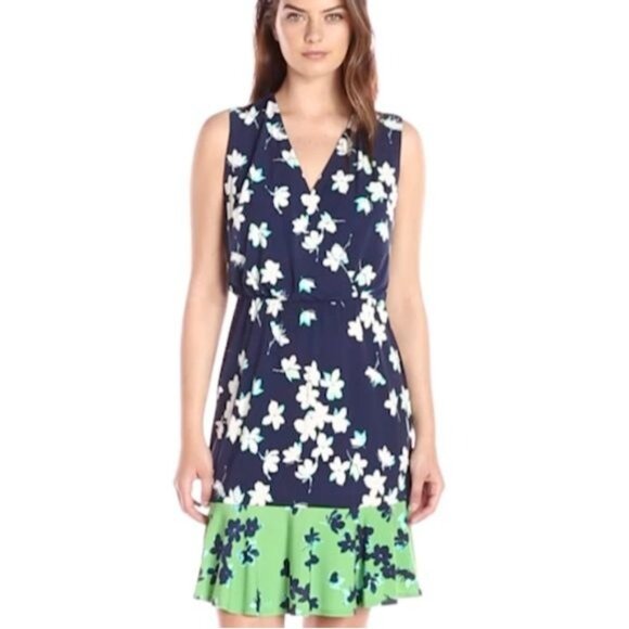 Eliza J Womens Floral Navy & Green‎ Sleeveless Faux Wrap Dress Size 12 - Picture 1 of 7